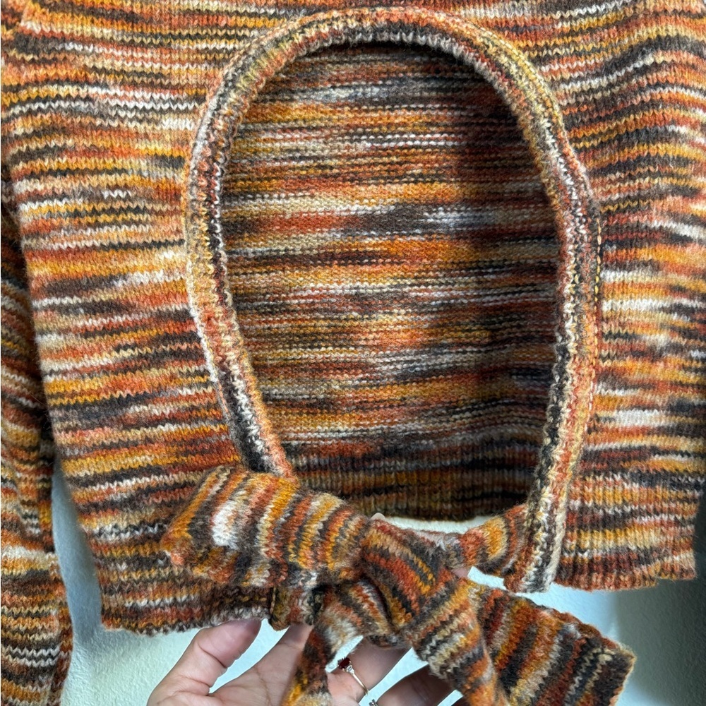 Vanilla Star Brown Marled Open Back Tie Sweater S Boho Y2K Fall Balloon Sleeve - Picture 9 of 11